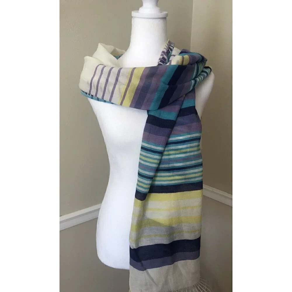 NWT Talbots Off White Scarf Purple Yellow Teal Stripes Cotton Silk